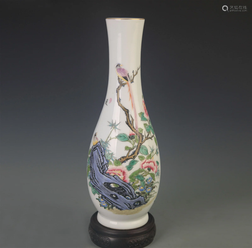 RARE FAMILLE ROSE THREE AND BIRD PATTERN VASE