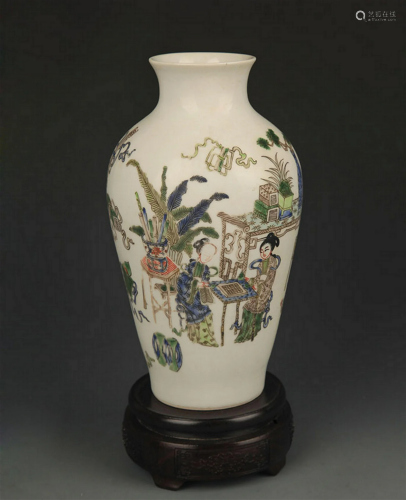 FAMILLE ROSE STORY PAINTED GUAN YIN STYLE VASE