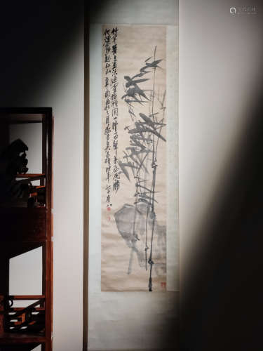 吴昌硕（1921年作） 竹石双寿 绫本水墨 立轴