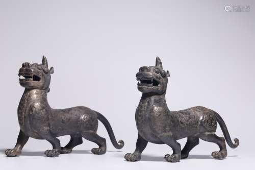 Qing Dynasty, sterling silver tianlu auspicious beast orname...