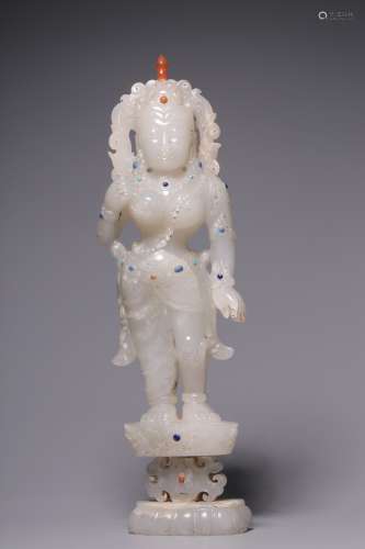 White jade inlaid with treasure guanyin standing statue in H...