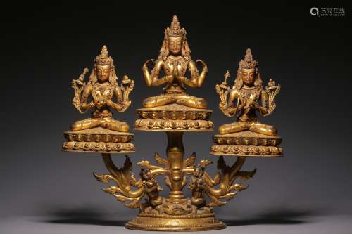 Qing Dynasty, bronze gilt gold inlaid treasure three bodhisa...