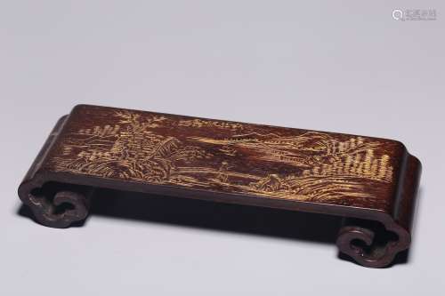 Qing Dynasty, red sandalwood painted gold landscape map ink ...