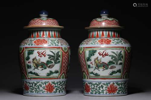 In the Qing Dynasty, a pair of colorful kylin auspicious ani...