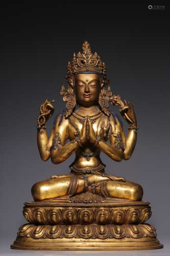 Qing Dynasty, bronze gilt inlaid treasure four arm Guanyin