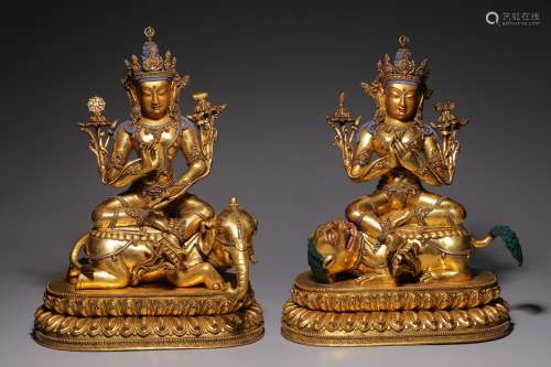 Qing Dynasty, bronze gilt manjusri, Pu Xian Bodhisattva seat...