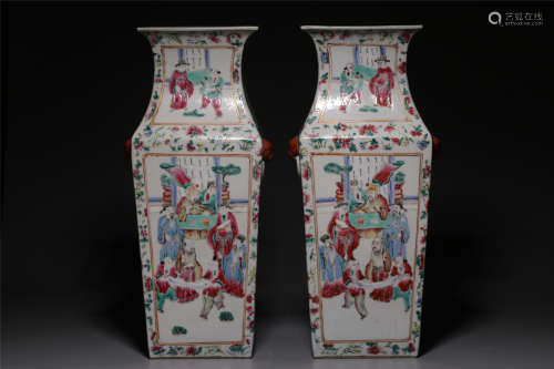Qing Dynasty, pastel figure story picture square bottle pair