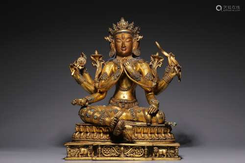Qing Dynasty, bronze gilt inlaid pine stone with Buddha moth...