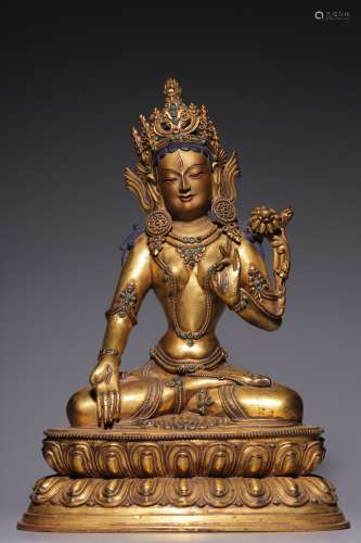 Qing Dynasty, bronze gilt inlaid treasure white tara