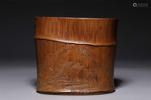 A bamboo pen holder depicting a boy herding cattle in qing D...