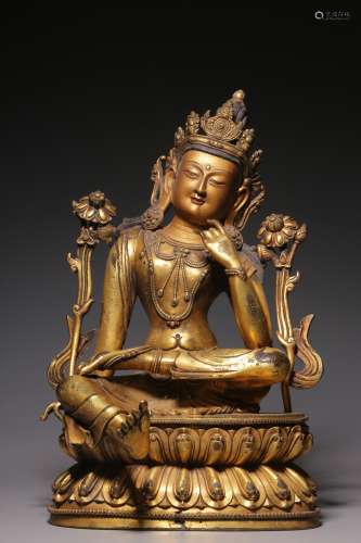 Qing Dynasty, bronze gilt thinking guanyin sitting statue