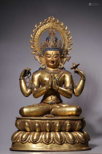 Qing Dynasty, bronze gilt four-arm sitting statue of Guanyin