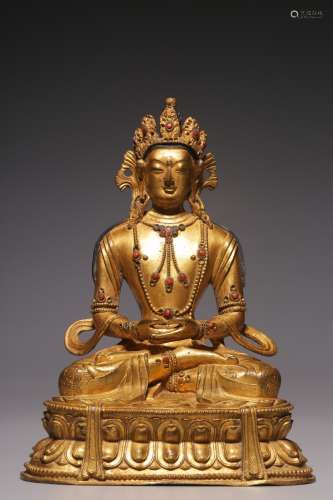 Qing Dynasty, bronze gilt longevity Buddha sitting statue