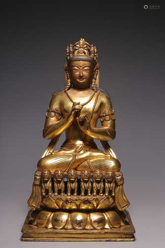 Qing Dynasty, bronze gilt gold guanyin sitting statue