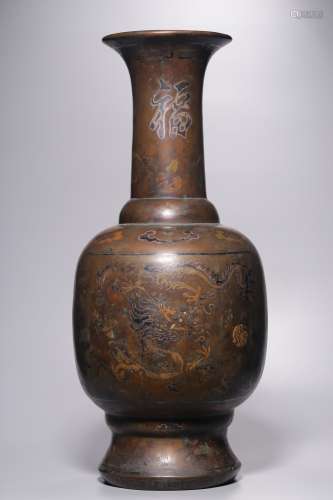 Qing Dynasty, copper inlaid silver wire painted dragon and p...