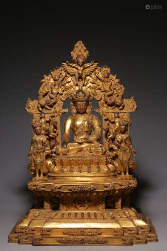 In qing Dynasty, a bronze gilt Buddha backlit sitting statue
