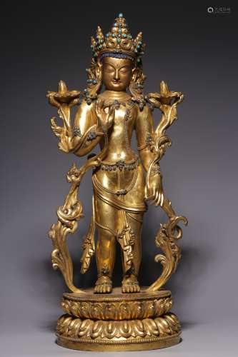 Qing Dynasty, bronze gilt gold inlaid treasure, Guanyin stan...