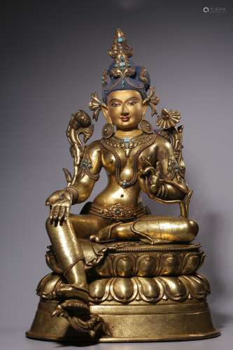 Qing Dynasty, bronze gilt inlaid treasure green Tara sitting...