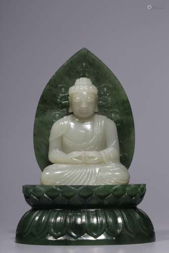 White jade Statue of Shakyamuni Buddha sitting in Hotan, Qin...