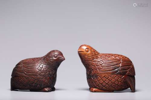 Republic of China, boxwood quail lid box pair