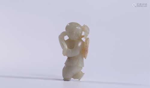 Qing Dynasty, hetian white jade with leather lotus boy handl...