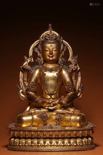Qing Dynasty, bronze gilt gold inlaid treasure longevity Bud...