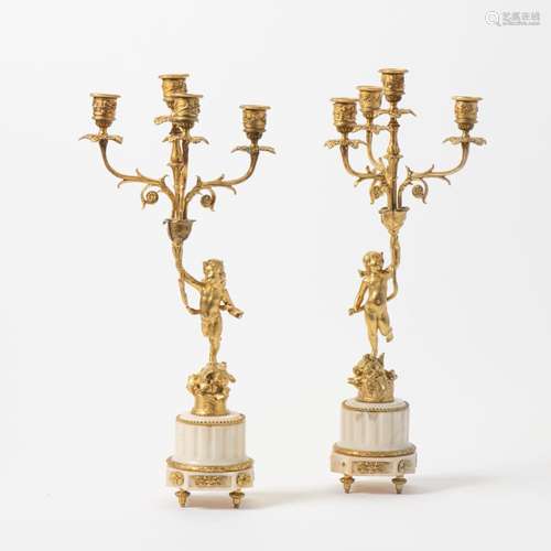 A PAIR OF LOUIS XVI STYLE GILT BRONZE AND MARBLE CANDELABRA ...