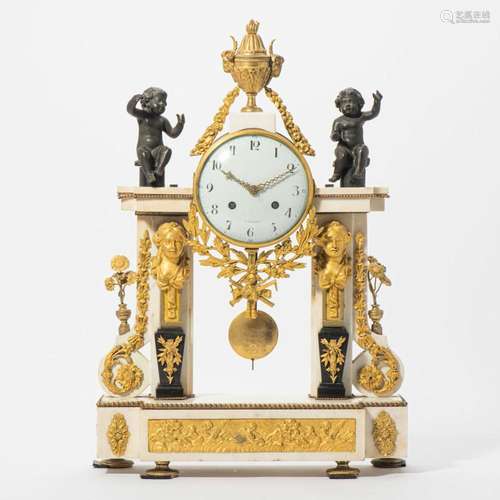 A FRENCH LOUIS XVI ORMOLU AND MARBLE PORTICO MANTEL CLOCK LA...