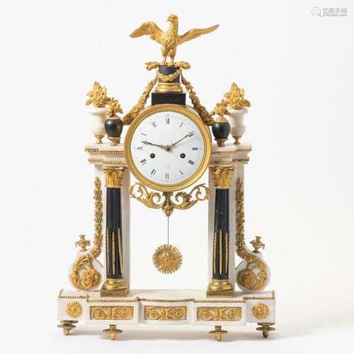 A FRENCH LOUIS XVI ORMOLU AND MARBLE PORTICO CLOCK LATE 18TH...