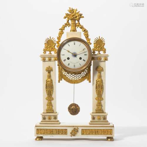 A FRENCH LOUIS XVI ORMOLU AND MARBLE PORTICO MANTEL CLOCK LA...