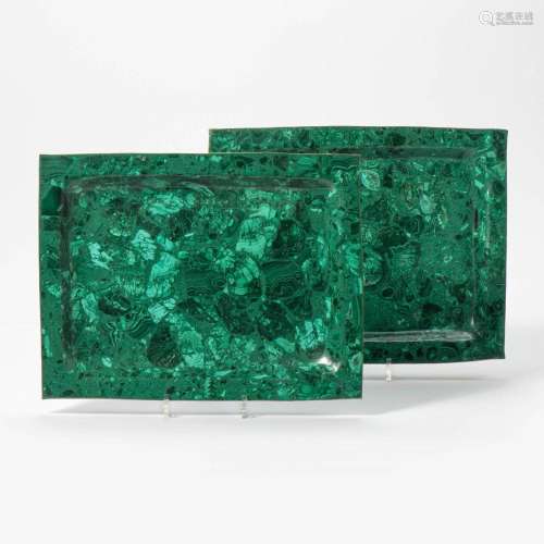 A PAIR OF MALACHITE TRAYS THE RECTANGULAR TRAYS WITH SLIGHTL...