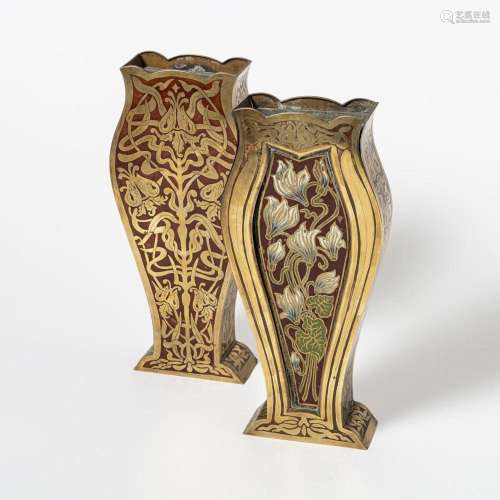 A PAIR OF IDENTICAL BRASS ART NOUVEAU VASES POSSIBLY FRANCE,...