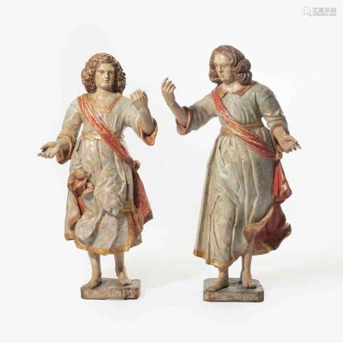 A PAIR OF ITALIAN POLYCHROME CARVED WOOD AND PARCEL GILDED A...