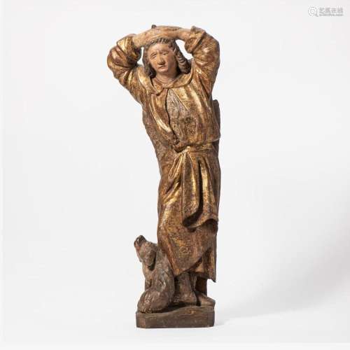 A PARCEL GILT CARVED OAK FIGURE OF SAINT PANTALEON OF NICOME...