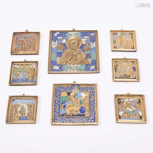 A COLLECTION OF EIGHT METAL RUSSIAN TRAVELLING ICONS 19TH CE...