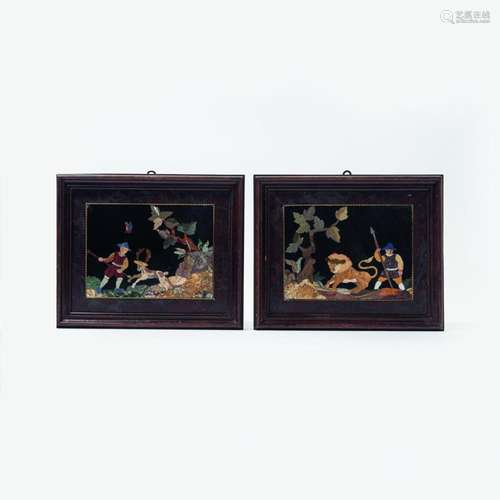 A PAIR OF ITALIAN PIETRA DURA FIGURAL PLAQUES PROBABLY FLORE...