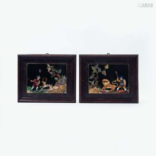 A PAIR OF ITALIAN PIETRA DURA FIGURAL PLAQUES PROBABLY FLORE...