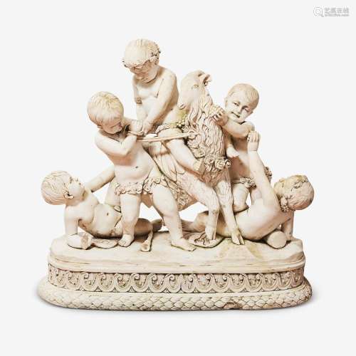 A CARRARA MARBLE FIGURAL GROUP OF BACCHIC PUTTI RIDING GOAT ...