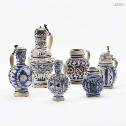 A COLLECTION OF SIX WESTERWALD STONEWARE JUGS 17TH/ 18TH CEN...