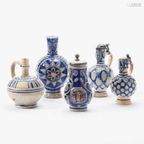 A COLLECTION OF FIVE WESTERWALD STONEWARE JUGS 17TH/ 18TH CE...