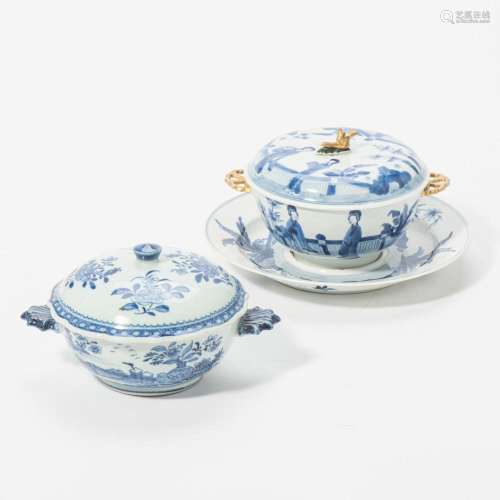 TWO CHINESE BLUE AND WHITE ECUELLES AND COVERS THE FIRST WIT...