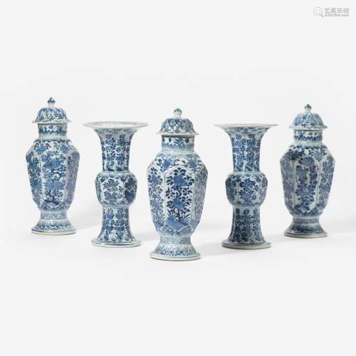 A CHINESE FIVE-PART BLUE AND WHITE GARNITURE KANGXI PERIOD (...