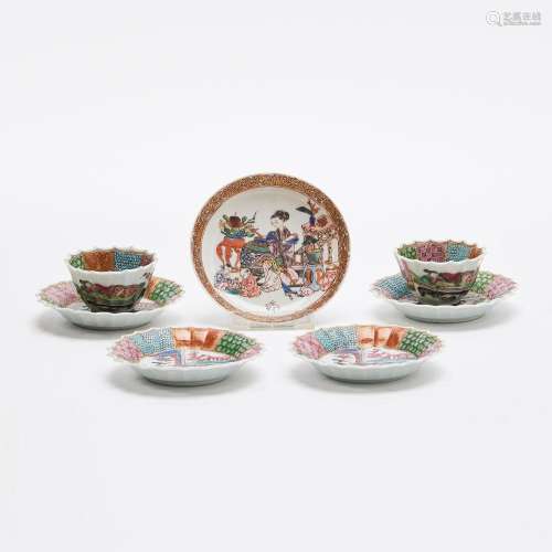A SET OF TWO CHINESE FAMILLE ROSE CUPS AND FOUR SAUCERS AND ...
