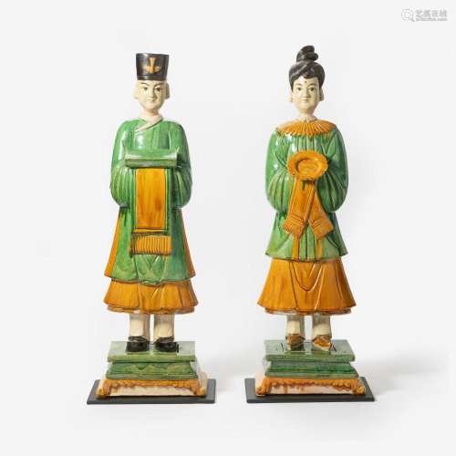 TWO CHINESE SANCAI-GLAZED STANDING FIGURES MING DYNASTY (136...