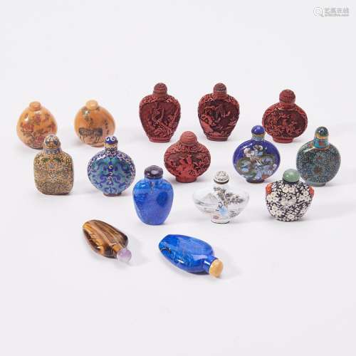 A COLLECTION OF CHINESE ENAMEL, LACQUER AND STONE SNUFF BOTT...