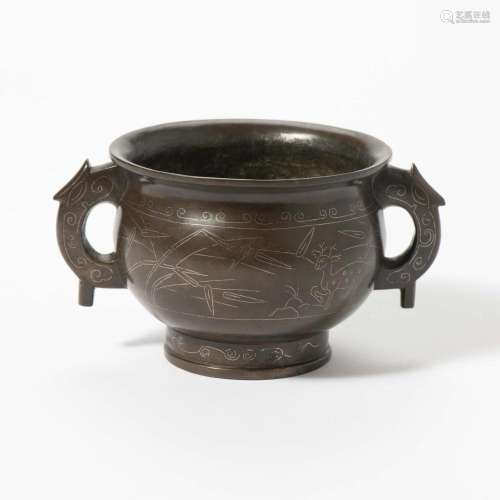 A CHINESE BRONZE TWO-HANDLED CENSER 18TH/ 19TH CENTURY