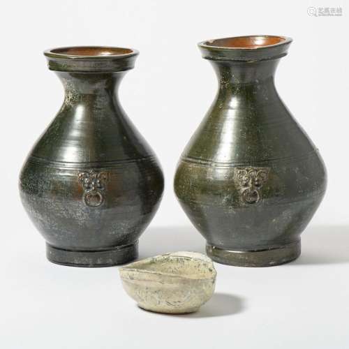 TWO CHINESE OLIVE-GREEN GLAZED POTTERY VASES AND AN EARCUP H...