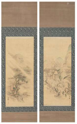 A SET OF TWO JAPANESE SCROLL PAINTINGS BY KAWAMURA BUMPO (JA...
