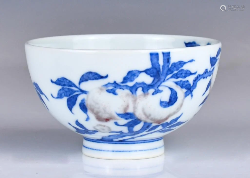 A Under-Glazed Blue and Red Peach Bowl Qing