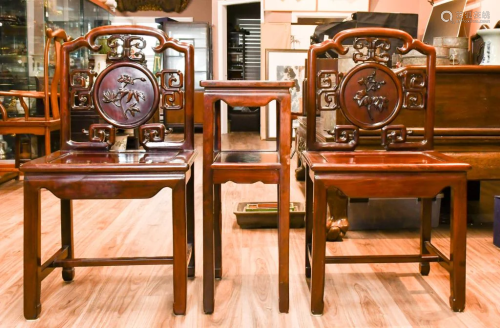 A Pair of Chinese Hardwood chairs w/ Matching Side